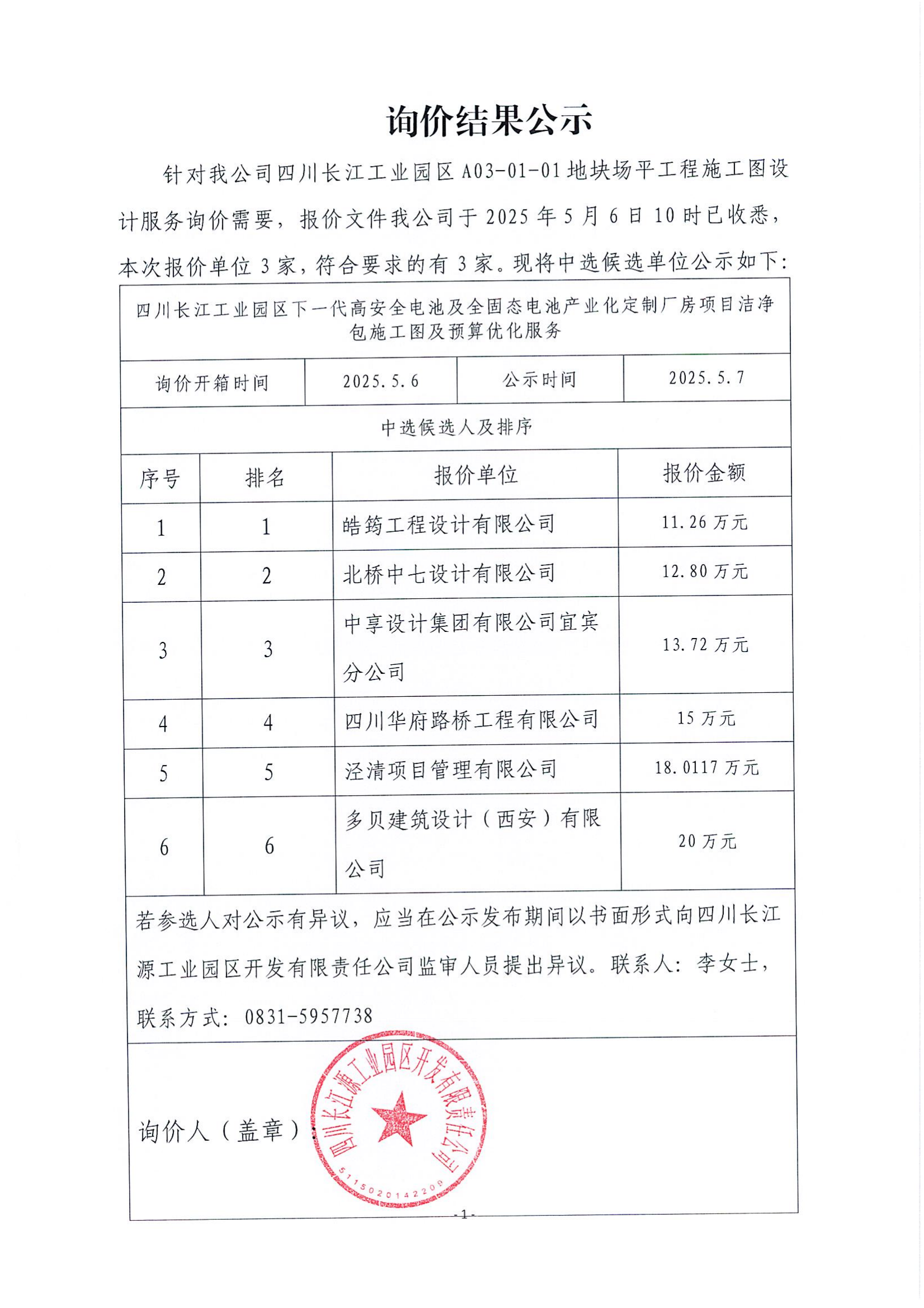 詢價(jià)結(jié)果公示